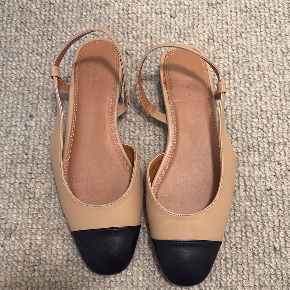 Tan and Black Cap-Toe Flats slingback